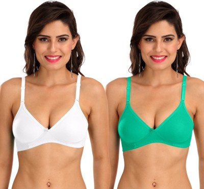 SONA M1001 Everyday Cotton Hosiery Non Padded Non-Wired 3/4Th Coverage T-Shirt Bra Pack of 2 Women T-Shirt Non Padded Bra(White, Green)