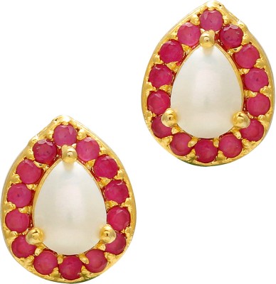 MissMister Gold plated Red CZ and Pearl Pear Shaped Pearl Brass Stud Earring