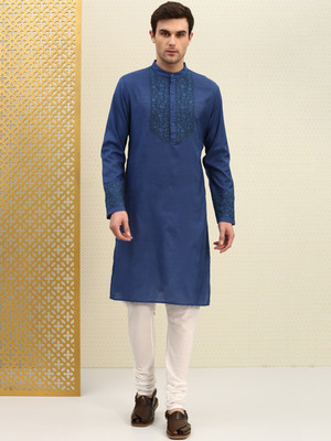 House of Pataudi Men Embroidered Straight Kurta(Blue)