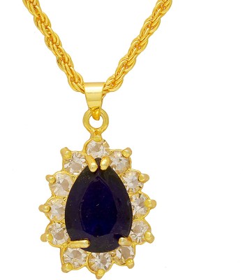 memoir Gold plated CZ studded Blue Sapphire Colour Pearshape stone studded chain pendant Gold-plated Cubic Zirconia Brass Pendant