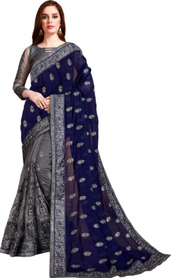 Gymfy Embroidered Bollywood Net Saree(Dark Blue)