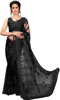 A To Z Cart Embroidered Bollywood Cotton Blend Saree(Black)