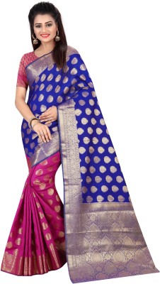 Hinayat Fashion Printed Banarasi Cotton Silk Saree(Blue)