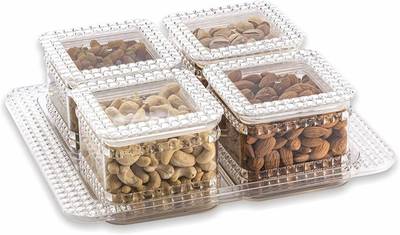 Nabhya 4 Pcs Crysta Plastic Square Dry Fruit Container with Tray Set with Lid & Serving Tray, Storage Container Box 100% Air-Tight 4 Piece Spice Set