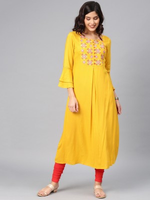 Alena Women Embroidered Anarkali Kurta(Yellow)