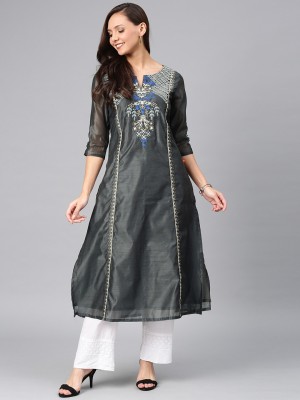 Alena Women Embroidered A-line Kurta(Grey)