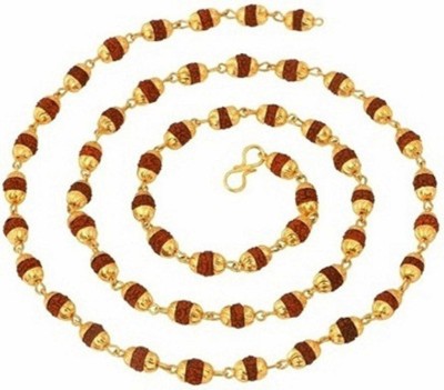 dewiss Natural & Energized Punch Mukhi Rudraksha Rosary Gold Plated Cap Chain/ Mala (Bead Size: 5-6 mm, 26 Inch) Wood Necklace Gold-plated Rudraksha Mala Gold-plated Plated Wood, Alloy Necklace