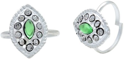 memoir Big Marquoise Shape Green Stone Brass Cubic Zirconia Silver Plated Toe Ring Set