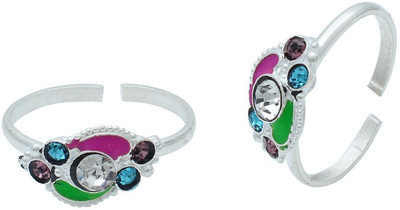 memoir Red and Green Meena Brass Cubic Zirconia Silver Plated Toe Ring Set