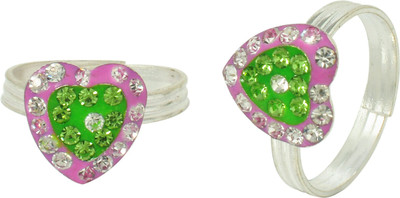 memoir Meenakari Heartshape Adjustable Brass Cubic Zirconia Silver Plated Toe Ring Set