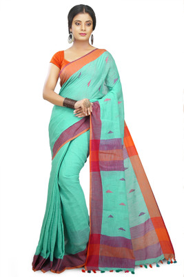 Mystory Printed Handloom Cotton Linen Saree(Light Green)