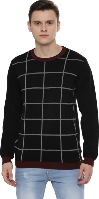 VAN HEUSEN Checkered Round Neck Casual Men Black Sweater