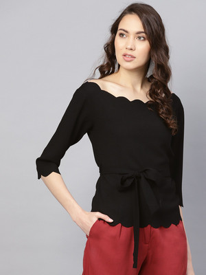 SASSAFRAS Casual 3/4 Sleeve Solid Women Black Top