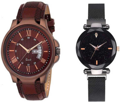 FASHION POOL BROWN DATE & DAY DESIGNER LEATHER BELT WATCH MAGNET BELT COMBO WITH LEATHER BELT DESIGNER COUPLE WATCH FOR MEN_WOMEN LADIES & GENTS WATCH Analog Watch - For Couple