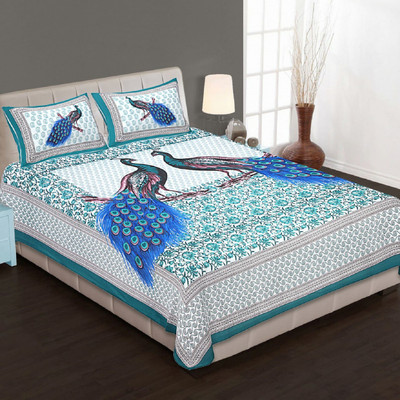 Twinkle Star's 140 TC Cotton Double Printed Flat Bedsheet(Pack of 1, Blue)