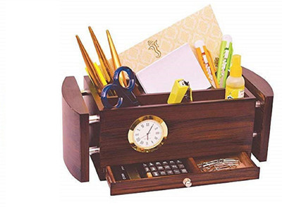 CARIZO 5 Compartments Wood Pen Pencil Visting Card Holder With Analog Watch & Large Drawer(Brown)