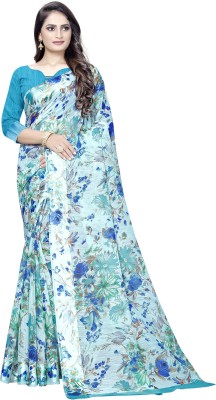 Ratnavati Printed, Digital Print, Floral Print Bollywood Cotton Linen, Satin Saree(Light Blue)