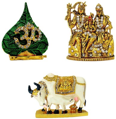 Le Holy Symbol Om on Peepal Leaf Lord Shiva Family Shiv Parivar (Oxidised) Kamdhenu Cow with Calf Idol Idol / Statue for Home Office Shop Car Dashboard & Gift Decorative Showpiece  -  12 cm(Metal, Multicolor)