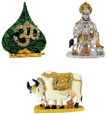 Le Holy Symbol Om on Peepal Leaf Lord Hanuman Bajrang-Bali Idol Kamdhenu Cow with Calf Idol / Statue for Home Office Shop Car Dashboard & Gift Decorative Showpiece  -  12 cm(Metal, Multicolor)