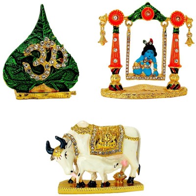 Le Holy Symbol Om on Peepal Leaf Lord Krishna (Krishn) Laddu Gopal Swing Kamdhenu Cow with Calf Idol Idol / Statue for Home Office Shop Car Dashboard & Gift Decorative Showpiece  -  12 cm(Metal, Multicolor)