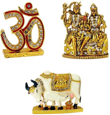 Le Holy Symbol Om Lord Shiva Family Shiv Parivar (Oxidised) Kamdhenu Cow with Calf Idol Idol / Statue for Home Office Shop Car Dashboard & Gift Decorative Showpiece  -  12 cm(Metal, Gold)