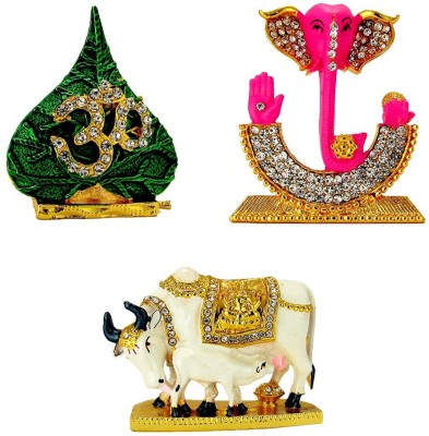 Le Holy Symbol Om on Peepal Leaf Lord | Ganesha Ganesh Ganpati Face (Pink) Kamdhenu Cow with Calf Idol Idol / Statue for Home Office Shop Car Dashboard & Gift Decorative Showpiece  -  12 cm(Metal, Multicolor)