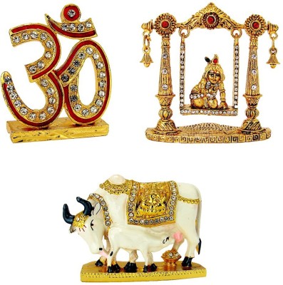Le Holy Symbol Om Lord Krishna (Krishn) Laddu Gopal on Swing Kamdhenu Cow with Calf Idol Idol / Statue for Home Office Shop Car Dashboard & Gift Decorative Showpiece  -  12 cm(Metal, Gold, Multicolor)