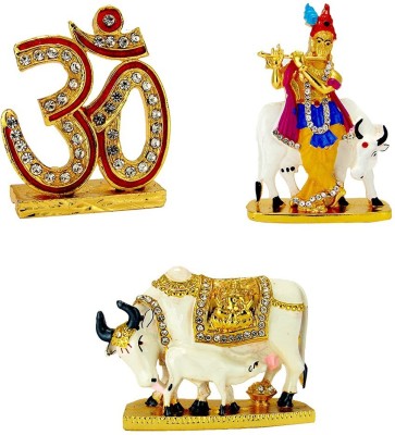 Le Holy Symbol Om Lord Krishna (Krishn) Murlidhar (Oxidised) Kamdhenu Cow with Calf Idol Idol / Statue for Home Office Shop Car Dashboard & Gift Decorative Showpiece  -  12 cm(Metal, Multicolor)