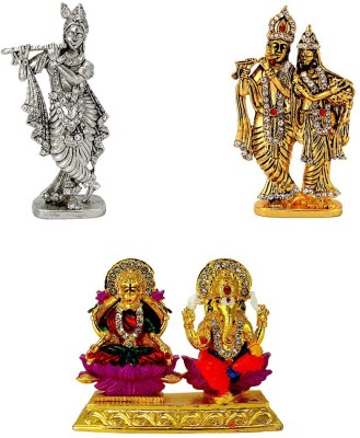 Le Lord Krishna (Krishn) Murlidhar (Oxidised) Radha-Krishna Shri Krishn Lakshmi-Ganesha Laxmi Ganesh (Golden Meenakari) Idol / Statue for Home Office Shop Car Dashboard & Gift Decorative Showpiece  -  12 cm(Metal, Silver, Gold)