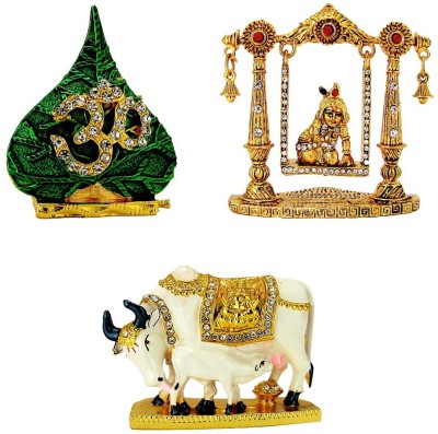 Le Holy Symbol Om on Peepal Leaf Lord Krishna (Krishn) Laddu Gopal Swing Kamdhenu Cow with Calf Idol Idol / Statue for Home Office Shop Car Dashboard & Gift Decorative Showpiece  -  12 cm(Metal, Gold, Multicolor)