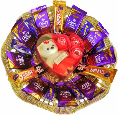 Cadbury Premium Chocolate Gift Hamper For Your Love Combo (Cadbury Dairy Milk Chocolates – 9, Cadbury Dairy Milk Shots – 6, Cadbury 5 Star Chocolate -3, Heart-Shaped Teddy & Flowers Box -1, Silver Basket-1) For Rs. 267 @ 66 %