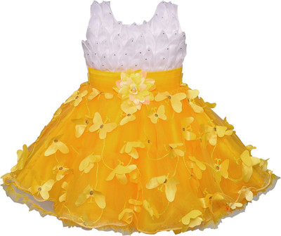 Wishkaro Girls Midi/Knee Length Party Dress(Yellow, Sleeveless)