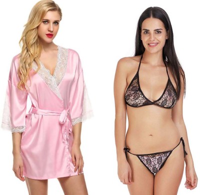 RPS FASHION Women Robe and Lingerie Set(Black, Pink)