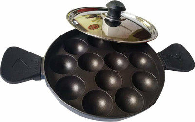 VINOD Non Stick 12 Cavity Appam Patra with Lid | Paniyarrakal/Paniyaram/Appam Pan/Maker/Pan Cake Maker with Lid 1 L capacity 20 cm diameter(Aluminium, Non-stick)