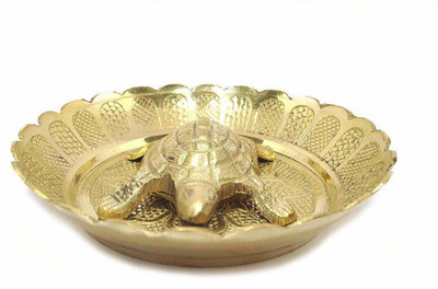 VibeX ™Vastu Tortoise Turtle with Plate (4 Inches, Gold) Decorative Showpiece  -  1 cm(Brass, Gold)