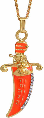 DULCI Gold Plated Maratha Warrior Shivaji Orange Enamel Pendant Gold-plated Cubic Zirconia Brass Pendant