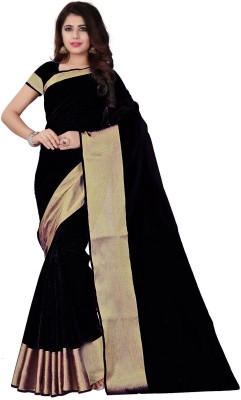 Vishnu Creations Solid/Plain Bollywood Cotton Blend Saree(Black)