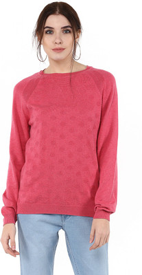 Moda Elementi Self Design Round Neck Casual Women Pink Sweater