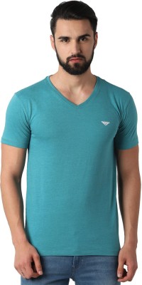 Peter England Solid Men V Neck Blue T-Shirt