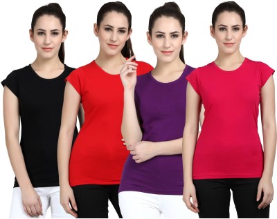Eha Solid Women Round Neck Multicolor T-Shirt