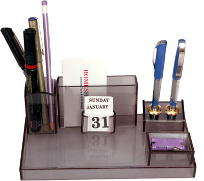 HOMESHOPEEZ 3 Compartments Acrylic Pen Holder, Pen Stand, Notes Stack(Black)
