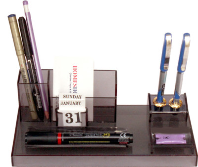 HOMESHOPEEZ 3 Compartments Acrylic Pen Holder, Pen Stand, Notes Stack, marker holder(Black)