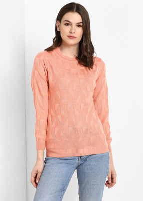 Modeve Self Design, Printed Round Neck Casual Women Pink Sweater