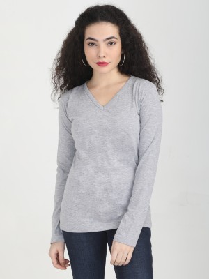 Fleximaa Solid Women V Neck Grey T-Shirt