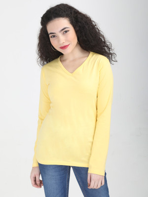 Fleximaa Solid Women V Neck Yellow T-Shirt