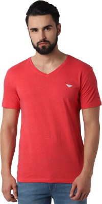 Peter England Solid Men V Neck Red T-Shirt