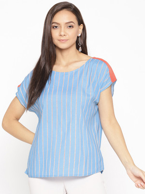 Porsorte Casual Half Sleeve Striped Women Blue Top