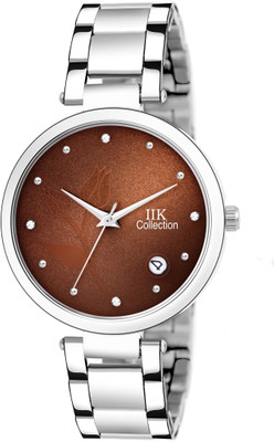 IIK Collection IIK-2038W-DT Round Stone Studded Brown Dial with Date and Silver Metallic Bracelet Strap Analog Watch  - For Women