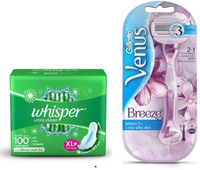 Whisper Ultra Clean Sanitary Pads XL Plus 44 Pc Venus Breeze Razor  (2 Items in the set)