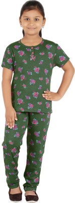 FICTIF Kids Nightwear Girls Printed Cotton Blend(Green Pack of 1)